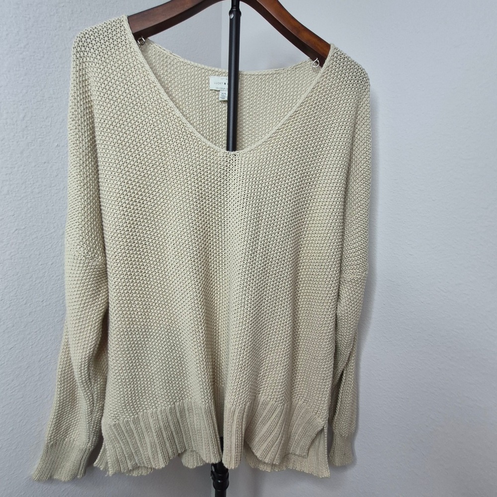 Lucky Brand Cream Shaker Knit V-Neck Sweater Slouchy Beige Cotton Cottage Boho M